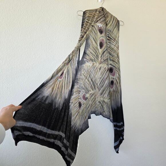 Adore Peacock Feather Print Open Front Vest Cardigan Waterfall Hem Women Size L - Picture 4 of 11